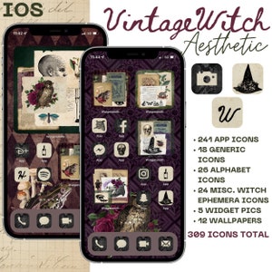 iOS Vintage Witch Aesthetic iPhone Pack, 309 App Icons, 5 Widget Pics, 12 Wallpapers; PLUS 5 FREE custom icons