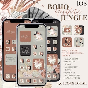 Peut inclure: Un ensemble de 570 icônes numériques pour appareils iOS, présentant une esthétique bohème avec un thème jungle. Les icônes sont de différentes couleurs, notamment le brun, le beige et le blanc, et présentent des motifs floraux et géométriques. Les icônes comprennent des icônes d'applications, des icônes alphabétiques, des icônes génériques, des widgets, des arrière-plans et des papiers peints.