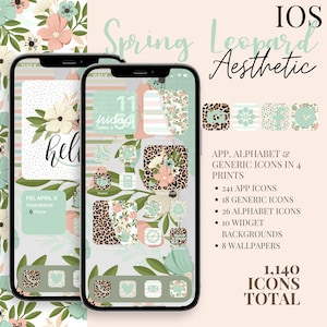 iOS Spring Leopard Aesthetic iPhone Pack, 1,140 App Icons, 10 Widget Quotes/Pics, 8 Wallpapers; PLUS 5 FREE custom icons