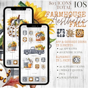 iOS Farmhouse Fall/Pretty Pumpkins Aesthetic iPhone Pack, 803 App Icons, 7 Widget Pics, 4 Wallpapers; PLUS 5 FREE custom icons