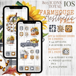 May include: A digital phone screen mockup with a farmhouse aesthetic fall theme. The screen shows a variety of app icons, widgets, and wallpapers featuring pumpkins, sunflowers, and plaid patterns. The text on the screen reads "Widgetsmith" and "App". The text on the image reads "803 ICONS TOTAL", "FARMHOUSE Aesthetic FALL", "APP & GENERIC ICONS IN 3 PRINTS", "241 APP ICONS", "18 GENERIC ICONS", "ALPHABET IN 1 PRINT", "26 ALPHABET ICONS", "7 WIDGET QUOTES/ PICS", "4 WALLPAPERS".