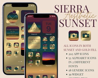 May include: A screenshot of an iPhone displaying a custom home screen with a sunset aesthetic. The screen features a variety of icons in both sunset and gold fill, including app icons, alphabet icons, generic icons, and widgets. The text "SIERRA Aesthetic SUNSET" is displayed at the top of the screen.