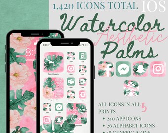 iOS Watercolor Palms Aesthetic iPhone Pack, 1420 App Icons, 6 Widget Quotes/Pics, 6 Wallpapers; PLUS 5 FREE custom icons