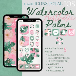 iOS Watercolor Palms Aesthetic iPhone Pack, 1420 App Icons, 6 Widget Quotes/Pics, 6 Wallpapers; PLUS 5 FREE custom icons