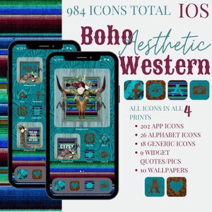 Op de afbeelding: Een set van 984 iOS-pictogrammen in een boho-esthetische westernthema. De pictogrammen zijn in verschillende kleuren, waaronder turquoise, bruin en wit. De pictogrammen bevatten verschillende ontwerpen, waaronder een schedel, een bloem, een hart en een letter A. De pictogrammen zijn gerangschikt in een raster op een turquoise achtergrond. De tekst "Boho Aesthetic Western" is geschreven in een groot, vet lettertype bovenaan de afbeelding. De tekst "ALL ICONS IN ALL 4 PRINTS" is geschreven in een kleiner lettertype onder de pictogrammen. De tekst "202 APP ICONS, 26 ALPHABET ICONS, 18 GENERIC ICONS, 9 WIDGET QUOTES/PICS, 10 WALLPAPERS" is geschreven in een kleiner lettertype onder de tekst "ALL ICONS IN ALL 4 PRINTS".