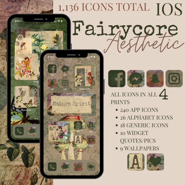 iOS Fairycore Aesthetic iPhone Pack, 1,136 App Icons, 10 Widget Quotes/Pics, 9 Wallpapers; PLUS 5 FREE custom icons