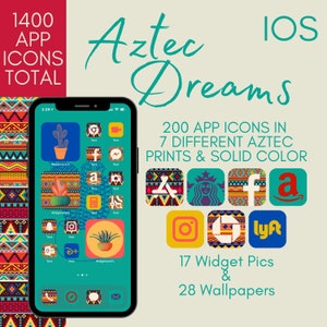 Op de afbeelding: Een telefoonscherm waarop een verzameling van 200 app-pictogrammen met Azteekse ontwerpen wordt weergegeven. De pictogrammen zijn in 7 verschillende prints en effen kleuren. Het telefoonscherm toont ook 17 widget-afbeeldingen en 28 achtergronden. De tekst "Aztec Dreams" wordt bovenaan de afbeelding weergegeven.