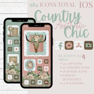 Op de afbeelding: Een set van 984 pictogrammen voor iOS in een landelijke esthetische stijl. De pictogrammen zijn in verschillende kleuren, waaronder roze, bruin en groen. De pictogrammen worden weergegeven op een telefoonscherm met een achtergrond van een houten plankenwand. De pictogrammen omvatten sociale media-apps, berichten-apps en andere veelvoorkomende apps. De tekst "Country Aesthetic Chic" wordt in een groot lettertype bovenaan de afbeelding weergegeven. De tekst "ALL ICONS IN ALL 4 PRINTS" wordt onder de pictogrammen weergegeven. De tekst "202 APP ICONS, 26 ALPHABET ICONS, 18 GENERIC ICONS, 8 WIDGET, QUOTES/PICS, 14 WALLPAPERS" wordt onder de tekst "ALL ICONS IN ALL 4 PRINTS" weergegeven.