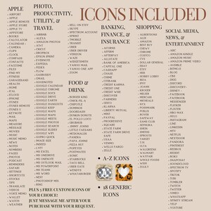 May include: A beige background with a list of icons for various apps and services. The list is divided into categories such as Productivity, Utility, Travel, Food & Drink, Banking, Finance, Insurance, Shopping, Social Media, News, and Entertainment. The icons are in black and white and are arranged in columns. The text "Icons Included" is in brown at the top of the image.