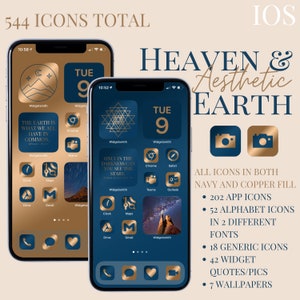 Heaven & Earth: Navy and Copper Aesthetic iPhone Pack, 544 App Icons, 42 Widgets, 7 Wallpapers; PLUS 5 FREE custom icons