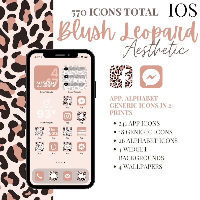 iOS Blush Leopard Aesthetic iPhone Pack; 570 Icons, 4 Widget Pics, 4 Wallpapers; 5 FREE custom icons image 1