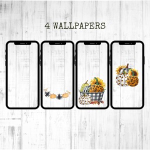May include: Four phone wallpapers featuring fall-themed designs with pumpkins, gourds, and sunflowers. The designs include a basket of pumpkins, a garland of pumpkins, and a single pumpkin.