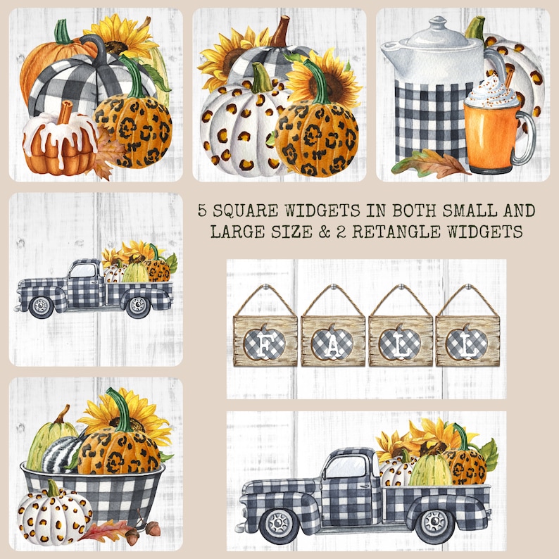 May include: A set of digital clipart featuring a vintage truck with a black and white checkered pattern, pumpkins, sunflowers, and fall-themed signs. The truck is carrying pumpkins and sunflowers in the bed. The signs say "FALL" with a pumpkin on each sign. The clipart is perfect for creating fall-themed crafts, cards, and other projects.