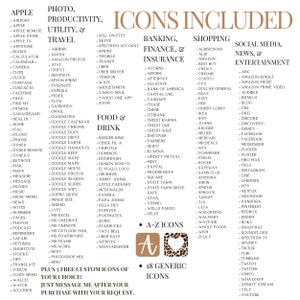 May include: A colorful graphic with a list of icons for various apps and services. The icons are organized into categories such as Productivity, Travel, Food & Drink, Banking, Finance & Insurance, Shopping, Social Media, News & Entertainment. The graphic also includes a section for A-Z icons and 18 generic icons.