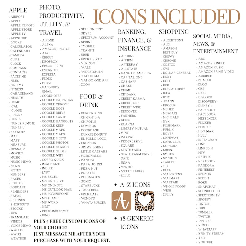 May include: A colorful graphic with a list of icons for various apps and services. The icons are organized into categories such as Productivity, Travel, Food & Drink, Banking, Finance & Insurance, Shopping, Social Media, News & Entertainment. The graphic also includes a section for A-Z icons and 18 generic icons.