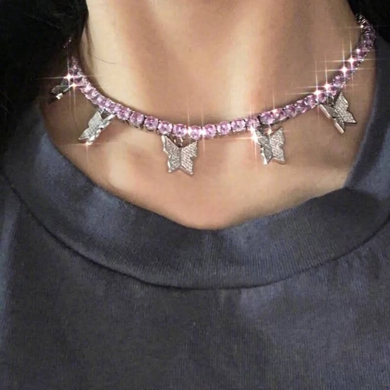 bling iced tennis butterfly butterfly necklace, cz tennis butterfly necklace NEW pink butterfly tennis choker