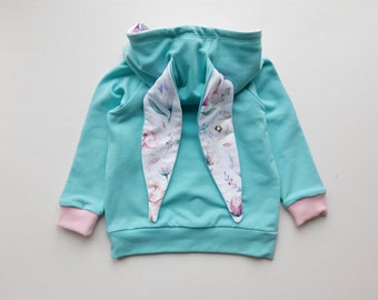 Girl Mint Bunny Hoodie with Ears, Solid color Hoodie with Ears, Floral Babygirl Bunny Hoodie