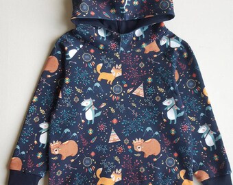 Marineblauer Hoodie mit Tieren / Baby Hoodie mit Waldtieren, Traumfänger / Unisex Pullover wild boho Tiere 2 3 4 5 1 Jahre