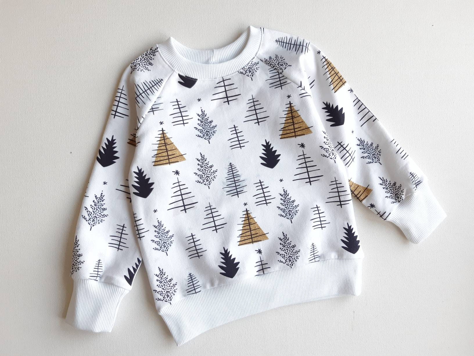 White Baby Sweat Set With Christmas Trees / Holiday Baby Outfit with Golden Trees