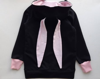 Black Baby Pink Bunny Hoodie with Ears/ Baby Bunny Jumper with Ears, Girl Bunny Hoodie, 2 3 4 5 6 7 1 years