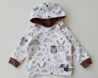 Wunderschöner weißer Baby Hoodie mit Hasen, Eulen, Pflanzen / Pastellfarbener Pullover mit Tieren Babyboy, Babygirl / Unisex Pullover Sofort versandfertig!