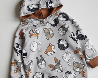Gray hoodie with forest animals, Baby Jumper with Foxes Bears Hedgehogs, Animal print hoodie toddler, 1 2 3 4 5 6 Years