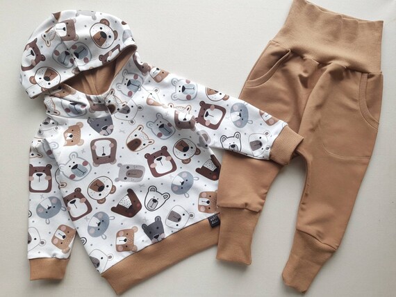 Animal Print Baby Hoodie and Pants SET White Baby Sweat Set With Bears Brown Baby Harem Pants Etsy