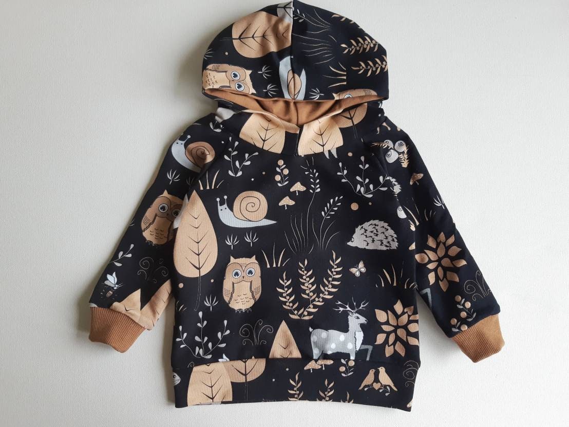 Black Hoodie with Forest Animals / Baby Hoodie with Owls, Bears, Hedgehogs, Deers / Animal print Hoodie Kids