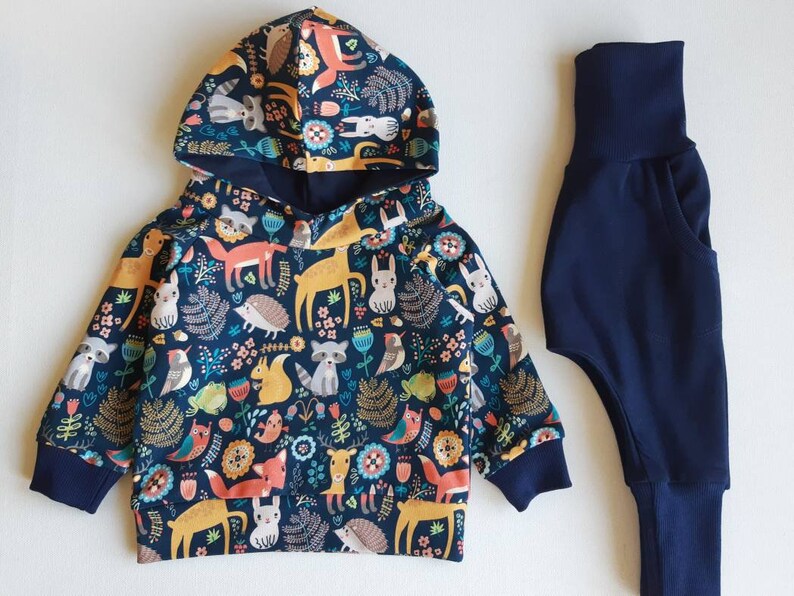 squirrels 2 3 4 5 1 years Gorgeous navy hoodie with forest animals and Pants SET Baby hoodie with birds trees owls foxes