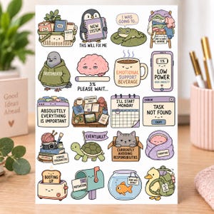 May include: A sticker sheet featuring various cartoon illustrations including a penguin with a notebook, a pigeon in a hoodie, a brain, a coffee mug, a calendar, a cat in a box, a turtle, a toaster, a mailbox, a goldfish, and a duck with a backpack.