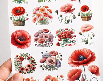 Spring Meadow Poppies Sticker Sheet, Planner, Journal, Diary & Scrapbooking Stickers