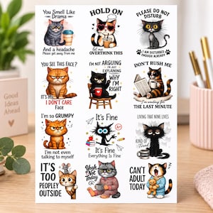 May include: A sticker sheet featuring twelve distinct illustrations of cats with various expressions and humorous text captions including phrases like You Smell Like Drama, Hold On Let Me Overthink This, Please Do Not Disturb, and Can't Adult Today.