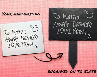 Personalised Handwritten Garden Sign, Personalised Slate Gift, Engraved Childs Gift, Custom Picture Engraving, Slate Garden Marker