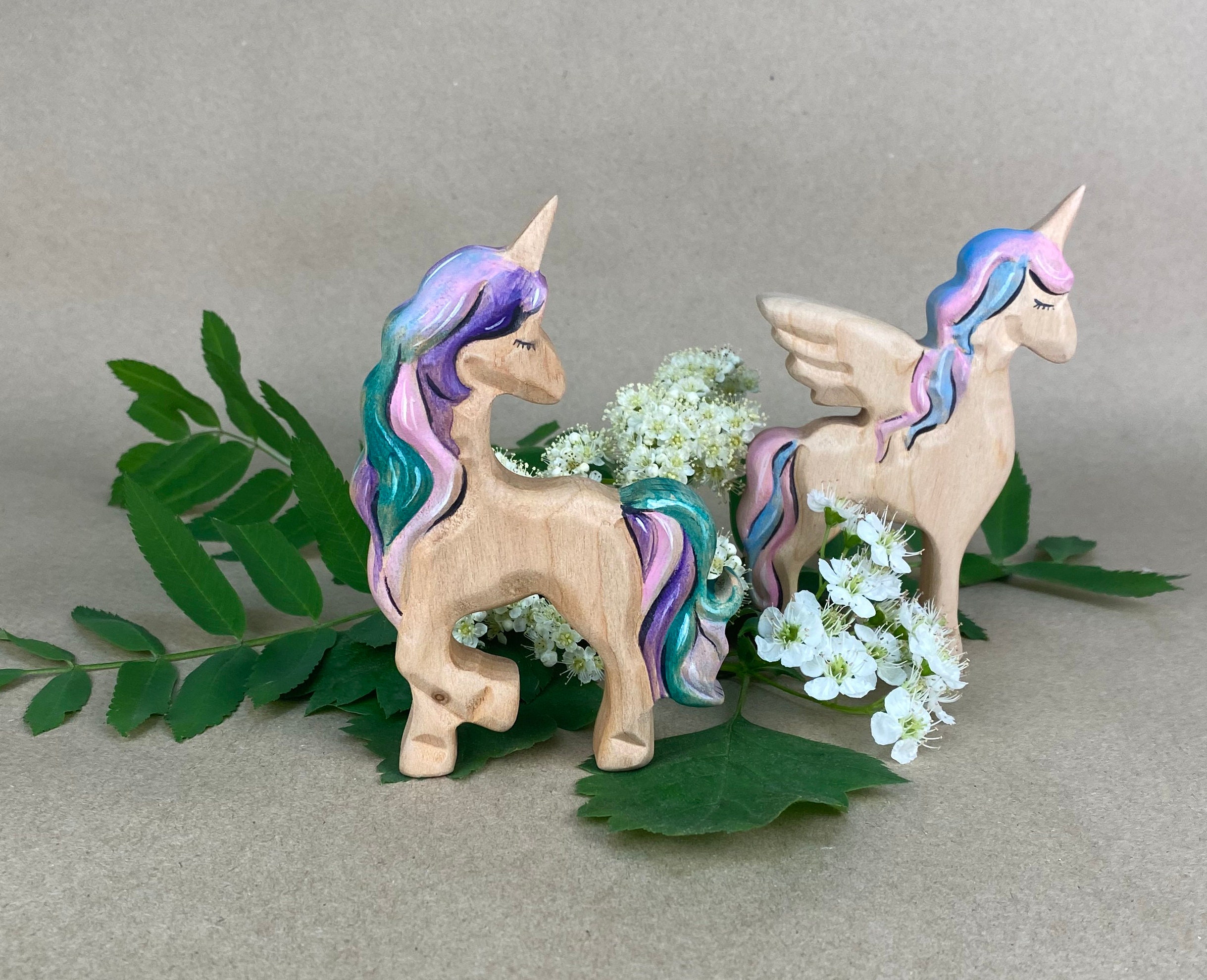Unicorn Toy-Wooden Unicorn Figurine-Wooden Decor-Waldorf Figurine-Mon…