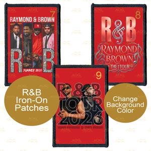 Könnte beinhalten: Drei rote R&B-Aufnäher mit schwarzen Rändern. Ein Aufnäher zeigt den Text "RAYMOND & BROWN" und "R&B SUMMER 2026". Ein weiterer Aufnäher hat "R&B" und "RAYMOND BROWN THE TOUR". Der dritte Aufnäher lautet "R&B TOUR 2026".