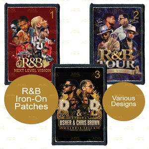 May include: Set of three R&B iron-on patches featuring various designs. The patches showcase Usher and Chris Brown, with text that reads "R&B Tour" and "Summer 2026". The patches are rectangular with a black border.
