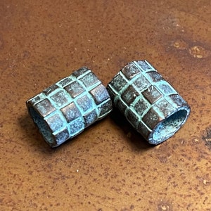 Big hole tube Beads - checkered barrel relief design (lot of 2 or 6) large copper plated green patina findings handcrafted in Mykonos Greece