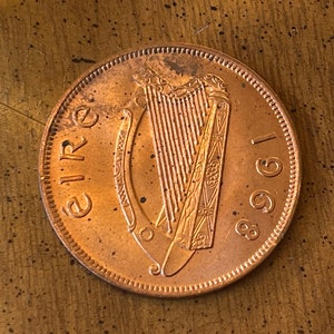 Irish Lucky Penny &quot;Harp & Hen with Chicks&quot; Ireland 1 Penny Authentic Coin Money for Jewelry and Craft Making