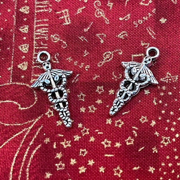 Lot of 4 Caduceus charms - antique silver charm - medical, healthcare, Hermes, healing, DNA - pendant drops for doctors, nurses, pharmacists