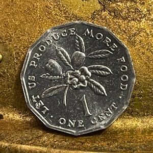 May include: A silver coin with a palm tree and the words "Let Us Produce More Food" and "One Cent" on it.