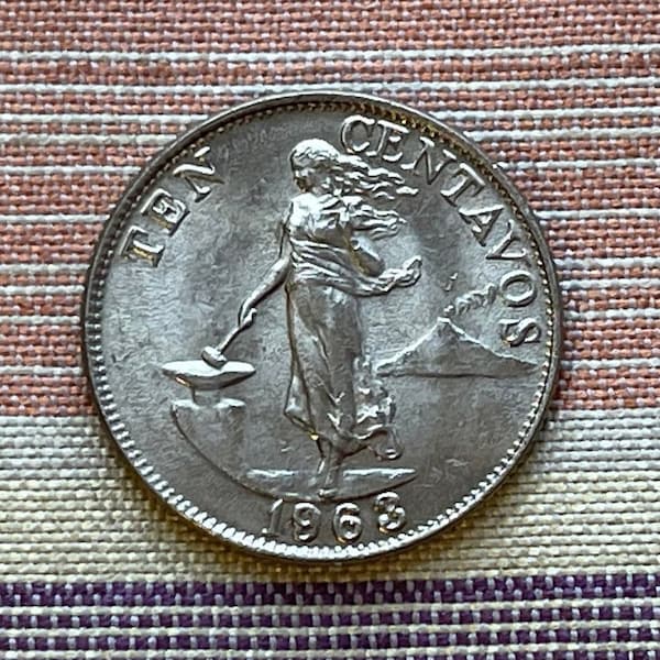 Lady Liberty Hammering Anvil at Mayon Volcano 10 Centavos Philippines Authentic Coin Money for Jewelry and Craft Making (Colonialism)