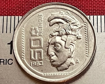 Ancient Astronaut Lord Pakal the Great & Eagle with Snake 50 Centavos Mexico Authentic Coin Money (Pacal) (Classic Maya) (1983) (Palenque)