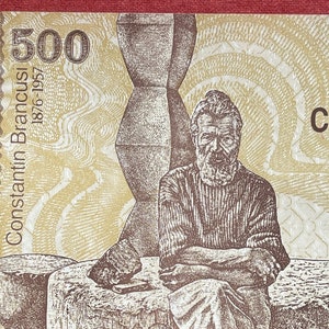 Bildhauer Constantin Brâncuweisen & Endlossäule 500 Lei Rumänien Authentische Geldschein Geld für Schmuck und Collage (1991)