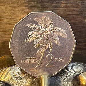 Puede incluir: Primer plano de una moneda marrón con un diseño de palmera y el texto "COCOS NUCIFERA 2 PISO".