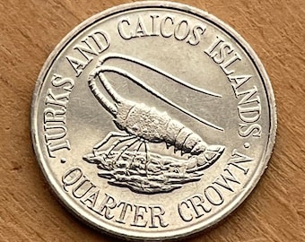 Spiny Lobster Quarter Crown Turks and Caicos Authentic Coin Money for Jewelry and Craft Making (1981) (Sea Crayfish) (Langusta)