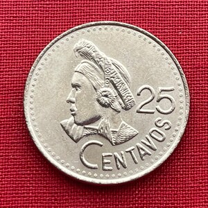 Activist Concepción Ramírez with Xk'op Tocoyal Headdress 25 Centavos Guatemala Authentic Coin Money for Jewelry (Choca) (Atitlan) (Maya)