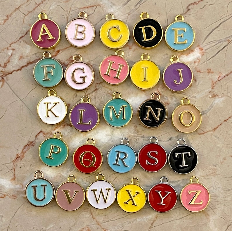 Letter charmschoose black, white, blue, pink, red, yellow, purple or green. Spell name, initials double sided enamel alphabet jewelry image 5