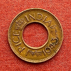 Crown of George VI Emperor & Hole 1 Pice British India Authentic Coin Money for Jewelry (British Raj) 1943, 1944, 1945, 1946, 1947