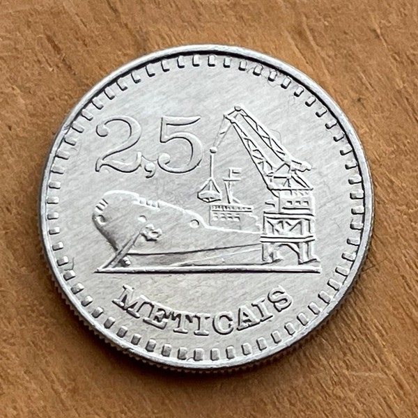 Crane Loads Cargo Ship & AK-47 2.5 Meticais Mozambique Authentic Coin Money for Jewelry and Craft Making (Port of Maputo)