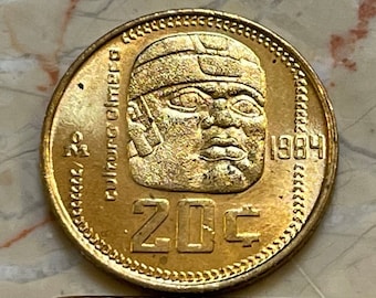 Olmec Colossal Head & Eagle with Snake 20 Centavos Mexico Authentic Coin Money for Jewelry and Craft Making (20 Millimeters)